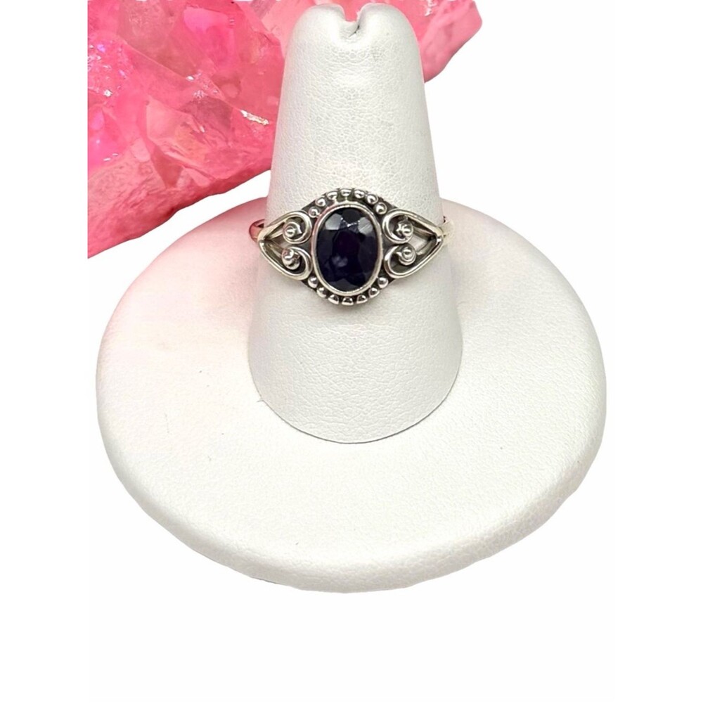 Blue Sapphire Ring Size 8.5 Solid 925 Sterling Silver Faceted Stone Heart Design